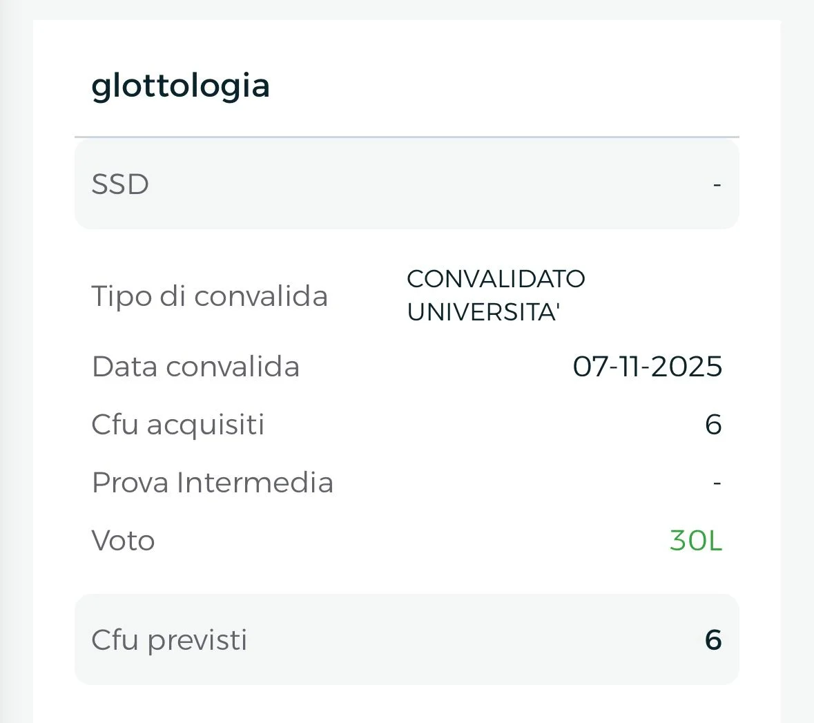 Carriera Pegaso: esame con dicitura CONVALIDATO UNIVERSITA' e voto 30L