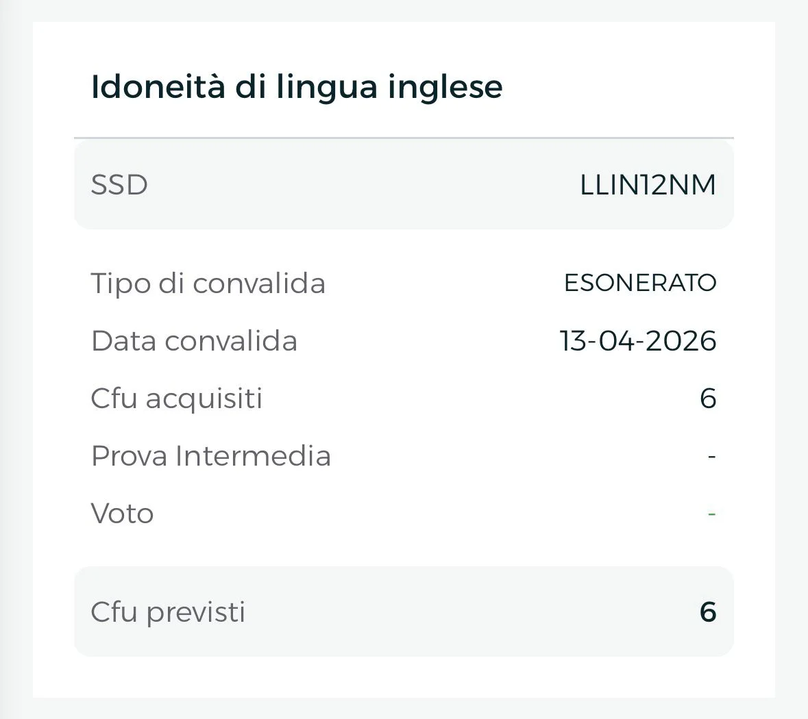 Carriera Pegaso: Idoneità di lingua inglese con dicitura ESONERATO e nessun voto