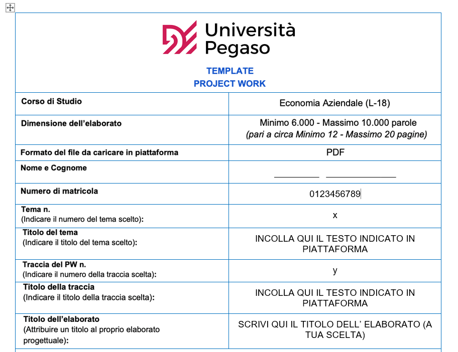 Esempio di compilazione dei dati nel template Project Work