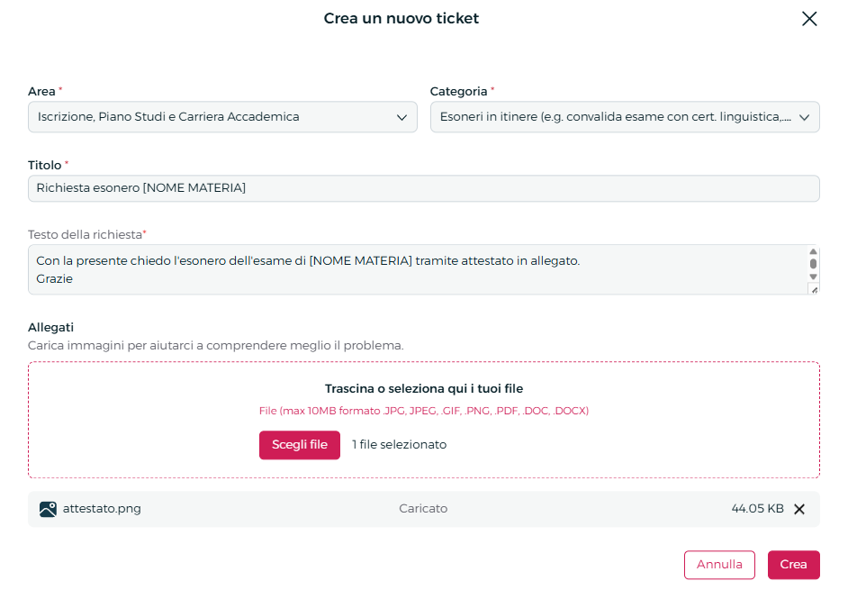 Esempio ticket Pegaso compilato per richiedere l'esonero dell'esame con attestato allegato