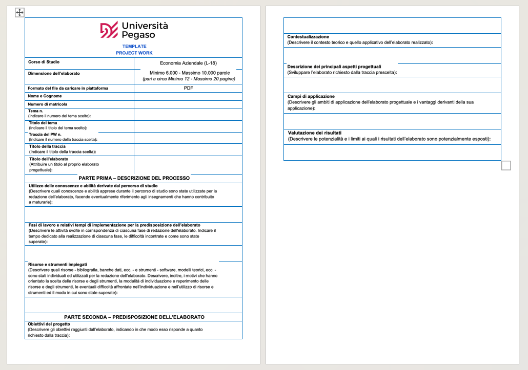 Esempio di template Project Work con le aree da compilare