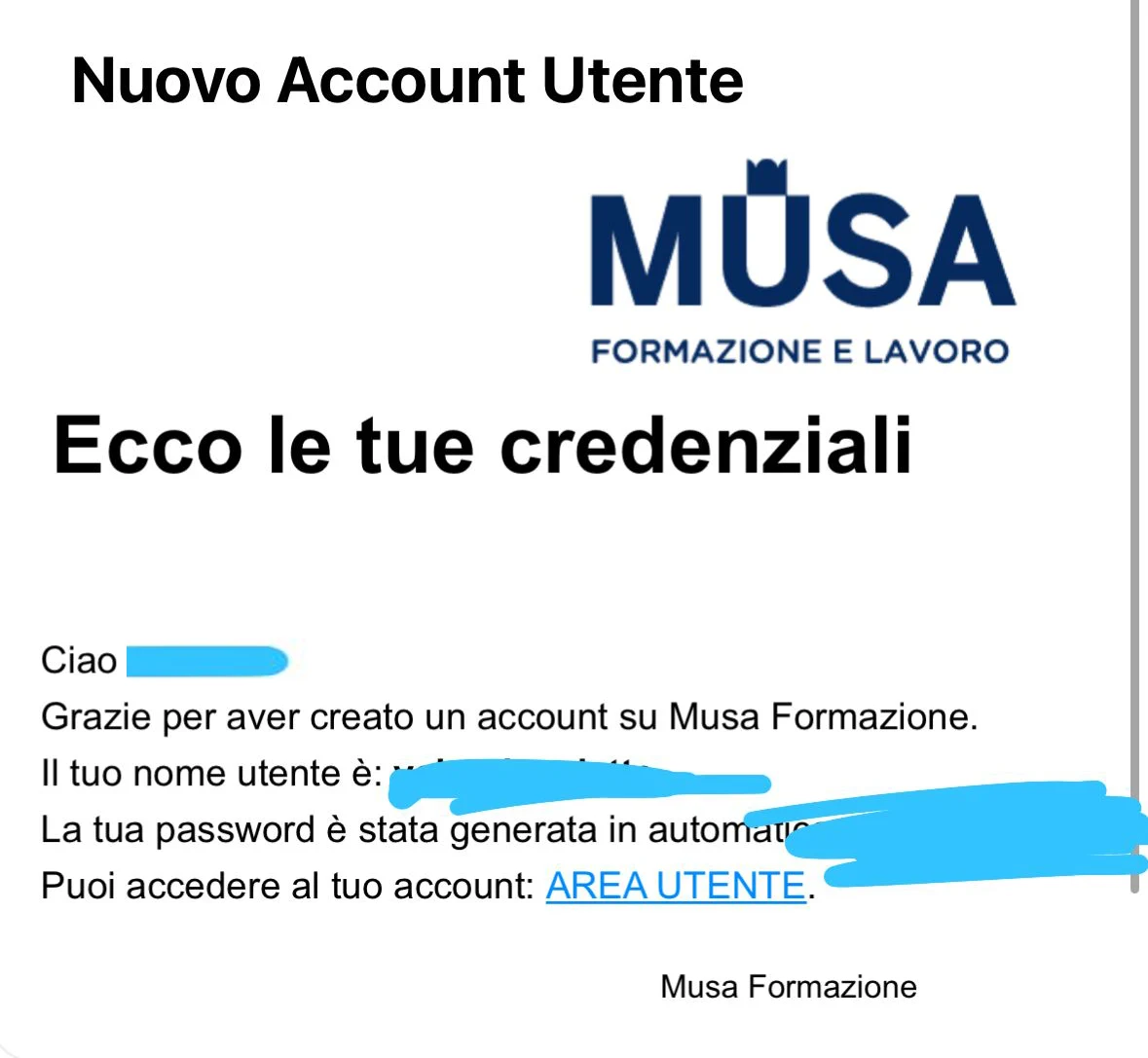 Email MUSA con credenziali di accesso ricevuta dopo l'acquisto del corso Microcredential