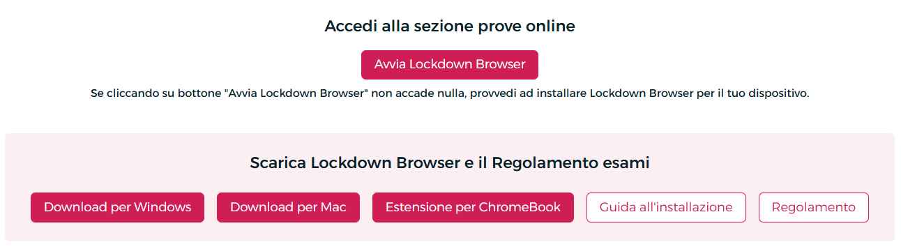 Schermata Prove online con il pulsante Avvia Lockdown Browser e i link per scaricare il software su Windows, Mac e ChromeBook