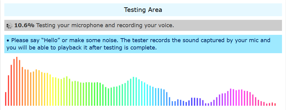 Schermata di mictests.com con la forma d'onda audio durante il test del microfono