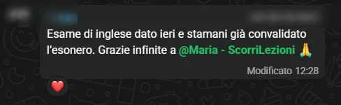 Messaggio Telegram: studente conferma che l'esonero di inglese è stato convalidato il giorno dopo l'esame grazie a ScorriLezioni