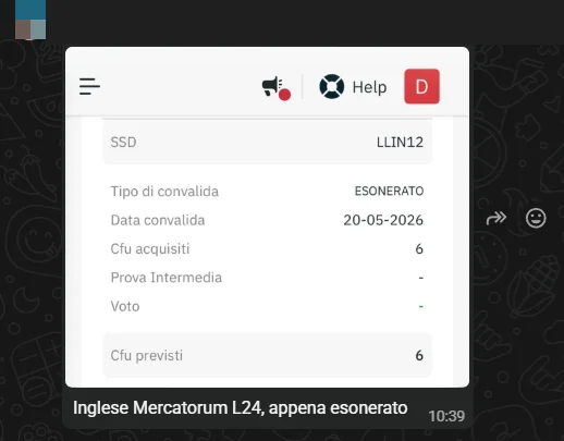 Messaggio WhatsApp: studentessa comunica di aver ricevuto l'esonero di inglese con la Microcredential MUSA