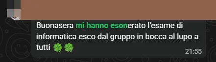 Messaggio WhatsApp: studente saluta il gruppo dopo aver ricevuto l'esonero di informatica