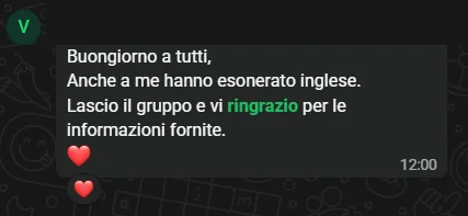 Messaggio WhatsApp: studentessa ringrazia dopo aver ottenuto l'esonero di inglese con la Microcredential