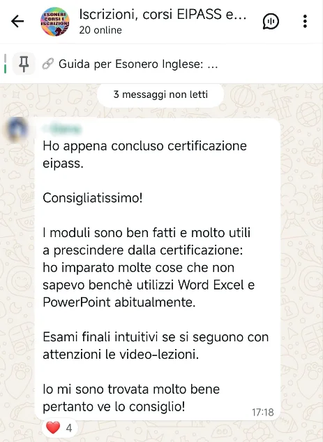 Screenshot WhatsApp: testimonianza studente sull'esonero di informatica con EIPASS