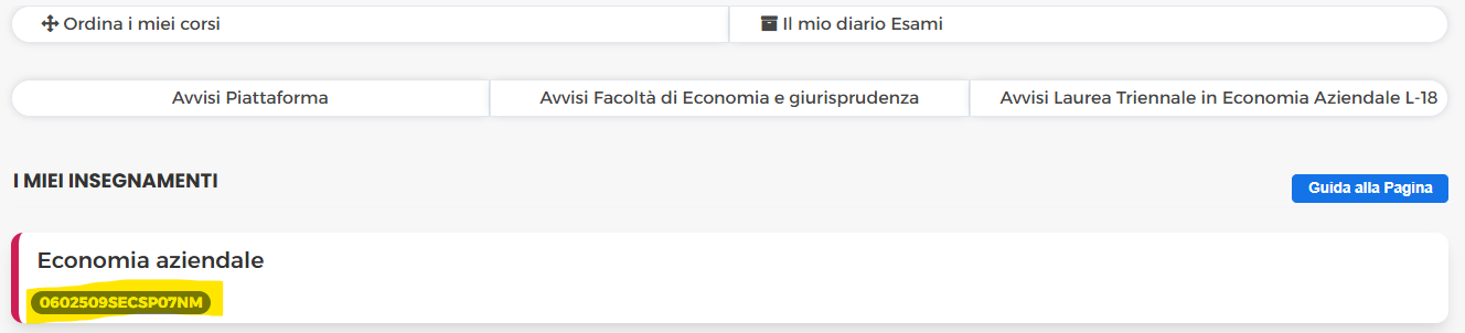 Schermata della sezione Corsi della piattaforma Pegaso con il codice materia visibile accanto al nome dell'insegnamento Economia Aziendale