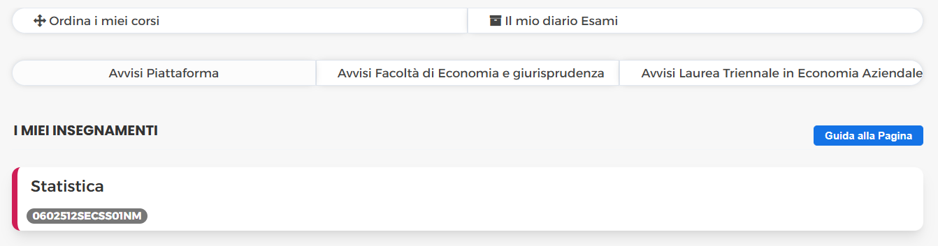 Sezione I miei Insegnamenti Pegaso — Statistica con codice 0602512SECSS01NM visibile sotto il nome del corso